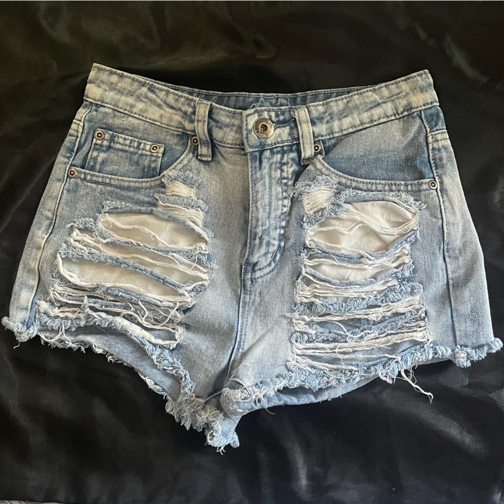 Distressed Light Blue Jean Shorts